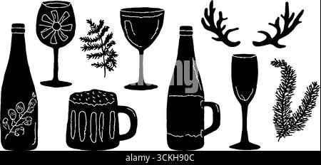 Linocut-Alkohol-Getränkesammlung mit Weingläsern und Flaschen für rustikales Design. Stock Vektor