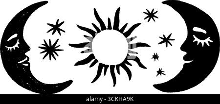 Mystisches Himmelsmuster mit Monden, Sonnen und Sternen für Boho-Design. Stock Vektor