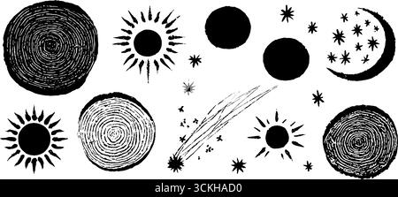 Mystisches Himmelsmuster mit Monden, Sonnen, Sternen für Boho-Design. Stock Vektor