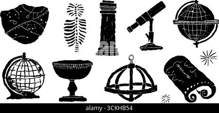 Linolschnitt aus der Renaissance-Wissenschaft mit Astrolaben, Globus und Teleskopdesigns für Vintage-Dekor. Stock Vektor