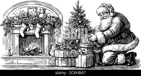 Weihnachtsfeiertradition mit weihnachtsmann, der den Baum am Kamin schmückt. Stock Vektor