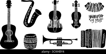 Linolcut Street Music Kollektion: Gitarre, Saxophon, Violine für Vintage Design. Stock Vektor