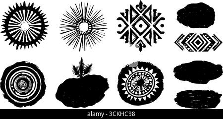 Linolschnitt-Art-Deco-Muster mit geometrischen Sonnenstrahlen für Vintage-Design. Stock Vektor