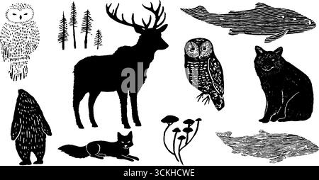 Tundra-Silhouetten: Rentiere, Eulen und arktische Kreaturen für nahtlose Muster und skandinavisches Design. Stock Vektor