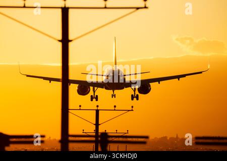 Flugzeug kurz vor der Landung bei Sonnenuntergang Stockfoto