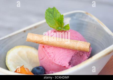 Obstsorbet mit Himbeeren Stockfoto