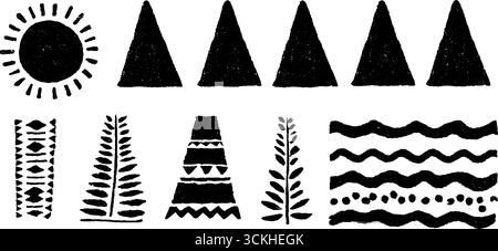 Afrikanisch inspiriertes, nahtloses Linolschnitt-Muster mit Dreiecken und Punkten für Textil- und Tapetendesign. Stock Vektor