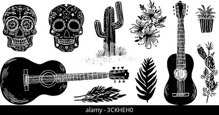 Mexikanisches fiesta Linolschnitt-Muster mit Schädeln, Gitarren und Blumen für festliche Designs. Stock Vektor