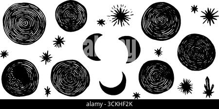 Nahtloses Muster für die Himmelsastrologie mit Monden und Sternen für Textil- oder Tapetendesign. Stock Vektor