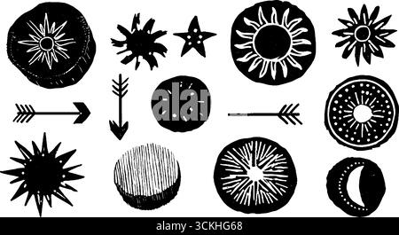 Himmlische Linolcut-Ikonen mit Sternen, Sonnen, Monden und dekorativen Pfeilelementen für künstlerisches Design. Stock Vektor