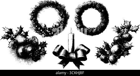 Festliche Weihnachtskränze und Kerzendesign für saisonale Einrichtung. Stock Vektor