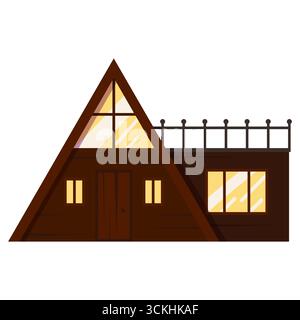 Modernes Dreiecksdesign. Minimalistische zeitgenössische Architektur in abgeschiedenem Landhaus. Holzhaus mit A-Rahmen in der Natur. Farbige flache Grafik Stock Vektor