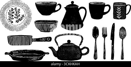 Rustikale Küchenartikelkollektion im Linolschnitt mit Tellern, Schüsseln, Tassen und Teekannen für die Inneneinrichtung von Boho. Stock Vektor