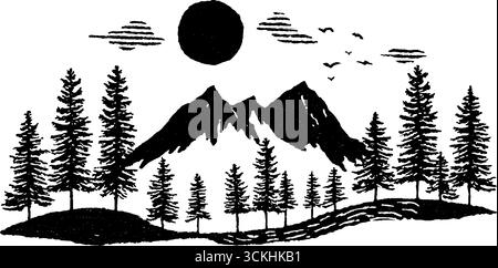 Nahtloses Bergmuster im Linolschnitt mit Gipfeln und Graten für naturinspirierte Designs. Stock Vektor