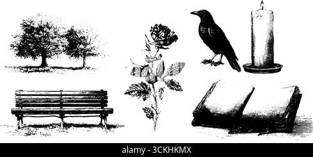 Sammlung nostalgischer Herbstmotive mit Baum, Bank, Rose, Kerze, Raben, und buchen Sie für Design und Dekor. Stock Vektor