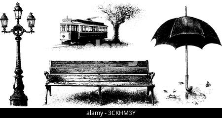 Vintage Tram und Urban Elements Kollektion: Bank, Lampenpfosten, Baum und Regenschirm für Retro-Design. Stock Vektor