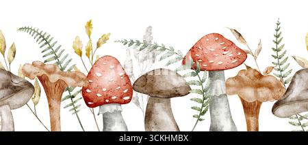 Aquarellrand mit Pilzen zwischen Herbstwaldpflanzen und Farn. Abbildung eines nahtlosen Musters mit Pilzen für Einladungen oder Grußkarten. Isolierte Zeichnung mit Boletus und Fliegenpilz. Stockfoto