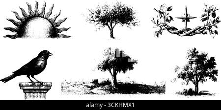 Kollektion slawischer Ornament Design Elements mit gravierter Natur und symbolischen Illustrationen. Stock Vektor