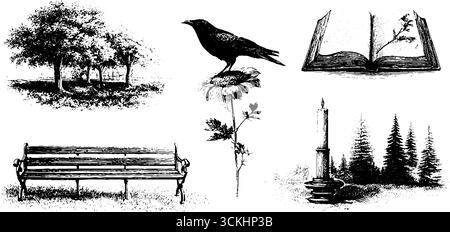 Sammlung nostalgischer Herbstmotive - Vintage-Gravur von Natur und Objekten. Stock Vektor