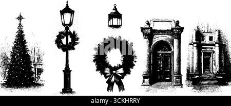 Eingravierte weihnachtskollektion mit Stadtlichtern, Kränzen und architektonischen Elementen. Stock Vektor