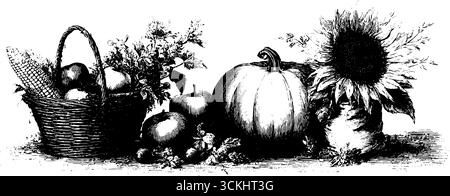 Herbsternte mit Kürbissen und Sonnenblumen für saisonale Dekoration. Stock Vektor