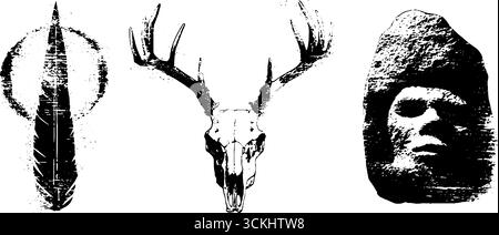 Schwarz-weiße Schablonensammlung mit Pfeilen, Hirschschädel und Stammesskulpturen. Stock Vektor