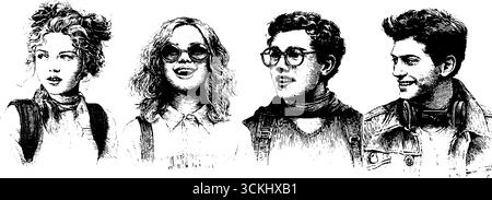 Universitätsstudenten im handgezeichneten Vintage-Stil – Retro-Designelemente für kreative Projekte. Stock Vektor