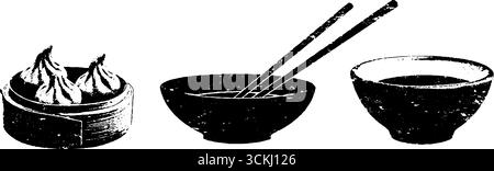 Schwarz-weiße Knödel-Set-Illustrationen mit Schüsseln und Stäbchen für kulinarische Designs. Stock Vektor