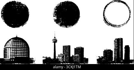 Schwarz-weiße Grunge-Schablone aus urbanen Wolkenkratzern und geometrischen Formen für Kunstdesign. Stock Vektor