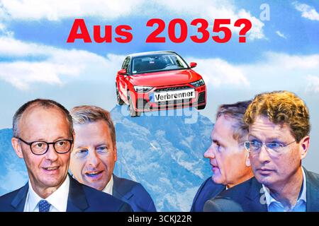 Autogipfel mit Bundeskanzler Friedrich Merz und deutsche Automobilmanagern, Symbolfoto: Verbrenner-aus 2035, September 2025 Deutschland, München, 12. September 2025, Autogipfel mit Bundeskanzler Friedrich Merz und Automobilmanagern, Symbolfoto Verbrenner-aus 2035, Verbrenner Auto symbolisch auf Berggipfel, Bundeskanzler Merz mit Automobilmanagern Oliver Zipse, CEO BMW, Oliver Blume, VW Porsche, Ola Källenius, CEO Mercedes, Verkehrswende, Klimaziele, Klimaschutz, CO2, Klimaneutral, Verkehr, Mobilität, Autoindustrie, Automobilindustrie, Wirtschaft, Fotomontage, Bayern, bayerisch, *** Car Summit Stockfoto