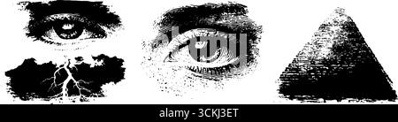 Schwarz-weißes Schablonenset mit Augen- und Pyramidenillustrationen für künstlerisches Design. Stock Vektor