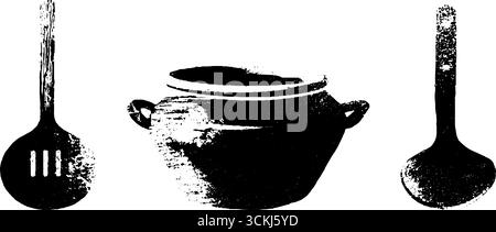 Schwarz-weiße Schablone aus Tontopf und Utensilien für Vintage-Küchen. Stock Vektor