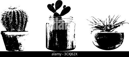 Schwarz-weißes Schablonensatz mit Topfpflanzen für urbanes Design. Stock Vektor