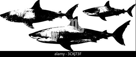 Schwarz-weiße Haischablenkollektion für urbane Kunst- und Designprojekte. Stock Vektor