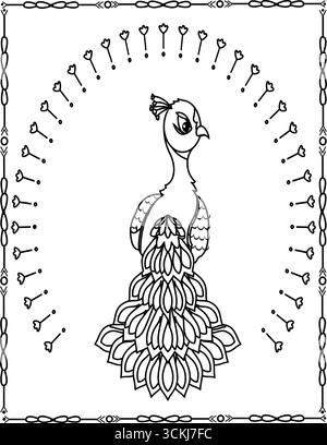 pfau-Karikaturumriss für Färbung Seite, Vektorlinie Kunst schwarz-weiße Illustration, weißer Hintergrund. Stock Vektor