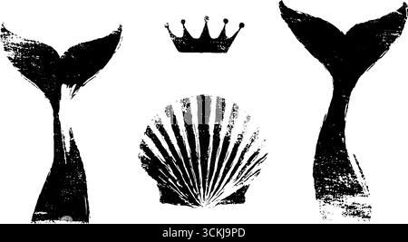 Schwarz-weiße Meerjungfrauenschablone mit Krone und Schale für Kunst und Design. Stock Vektor