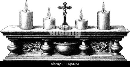 Gotischer Altar mit Kruzifix, Kerzen und verzierten Säulen für religiöse Gestaltung. Stock Vektor