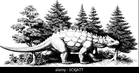 Ankylosaurus, der durch dichten Nadelwald schlendert - Vintage-prähistorische Szene. Stock Vektor