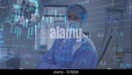 Zeigt den reiferen Chirurgen mit Schutzausrüstung im OP, mit Finanzkartenüberlagerung Stockfoto