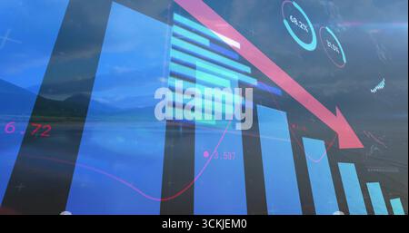 Anzeigen des Dashboards, das sich am See, mit blauen Balken, rotem Pfeil, Linie, Prozentsätzen, numerische Beschriftungen Stockfoto