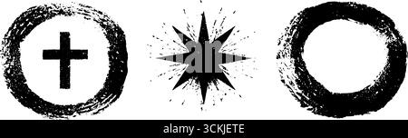 Schwarz-weiße Schablonen-Illustrationsset mit Kreuz-, Stern- und Kreismotiven. Stock Vektor