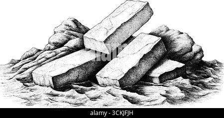 Vintage-Gravur einer eingestürzten Meeresplattform mit Seeglasscherben-Illustration. Stock Vektor