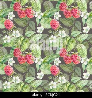 Aquarell mit nahtlosem Himbeermuster. Handgezeichneter wunderschöner botanischer Zweig mit roten Beeren, weißen Blüten und grünen Blättern auf dunklem Hintergrund Stockfoto