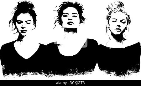 Schwarz-weiße Schablonenporträts von Frauen für Kunst und Design. Stock Vektor