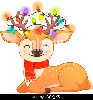 Nettes Rentier mit Weihnachtslichtern auf Geweih, Vektorillustration in festlichen Farben Stock Vektor