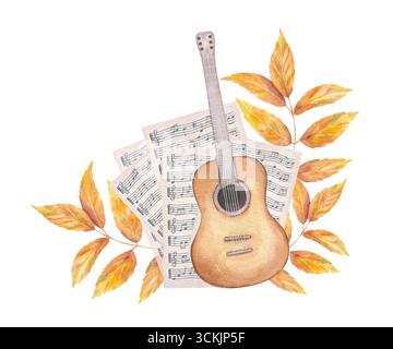Akustikgitarre auf Notenpapier und goldene Blätter Aquarellillustration auf isoliertem Hintergrund. Handgezeichnetes klassisches Streichinstrument Stockfoto