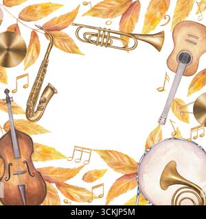 Aquarellmusikinstrumente und quadratischer Rahmen mit goldenem Laub auf isoliertem Hintergrund. Kontrabass, Gitarre, Schlagzeugsaxophon Stockfoto