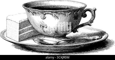 Vintage porzellan-Teetasse mit zerrissenem Design und aufgeschnittenem Kuchen für die Retro-Küche. Stock Vektor