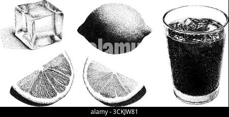 Erfrischende Getränkeelemente: Eiswürfel, Zitronenscheiben und Limonade für Sommermotive. Stock Vektor