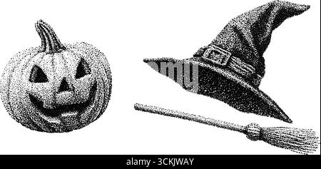 Halloween-Kürbis, Besen und Hexenhut im handgezeichneten Vintage-Stil. Stock Vektor